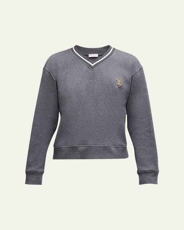 Crest-Embroidered Striped V-Neck Piquet Fleece Sweatshirt